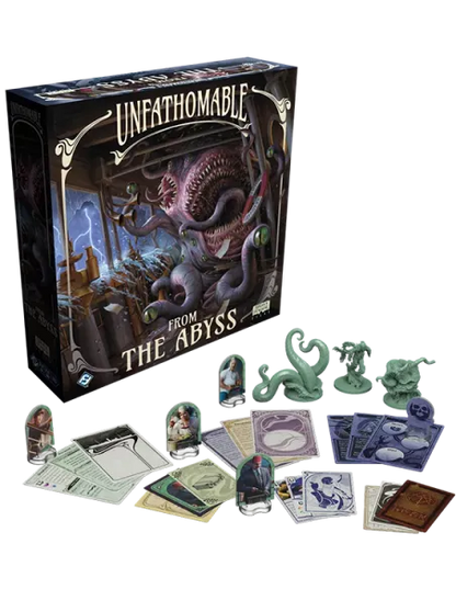Galda spēles Unfathomable: From The Abyss papildinājums ar ilustrētu kasti, plastmasas figūriņām un spēļu kārtīm.
