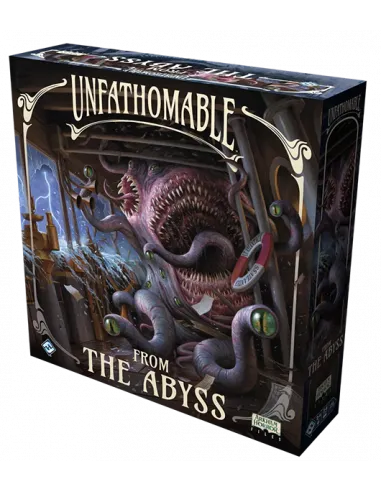 Galda spēles Unfathomable: From The Abyss papildinājuma kaste ar biedējošu jūras briesmoni uz tumša fona.