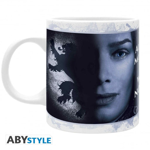 Balta 320 ml keramikas krūze ar Game of Thrones dizainu, kurā attēlota karaliene un Lannister lauvas siluets.