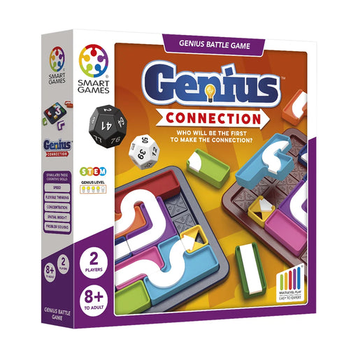 Galda spēle Genius Connection ar krāsainiem plastmasas elementiem, spēles laukumiem un diviem skaitļu kauliņiem kastē.