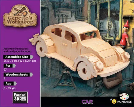 Gepetto’s Workshop 3D koka puzle – saliekams auto modelis no 97 detaļām, piemērots krāsošanai un radošai modelēšanai.