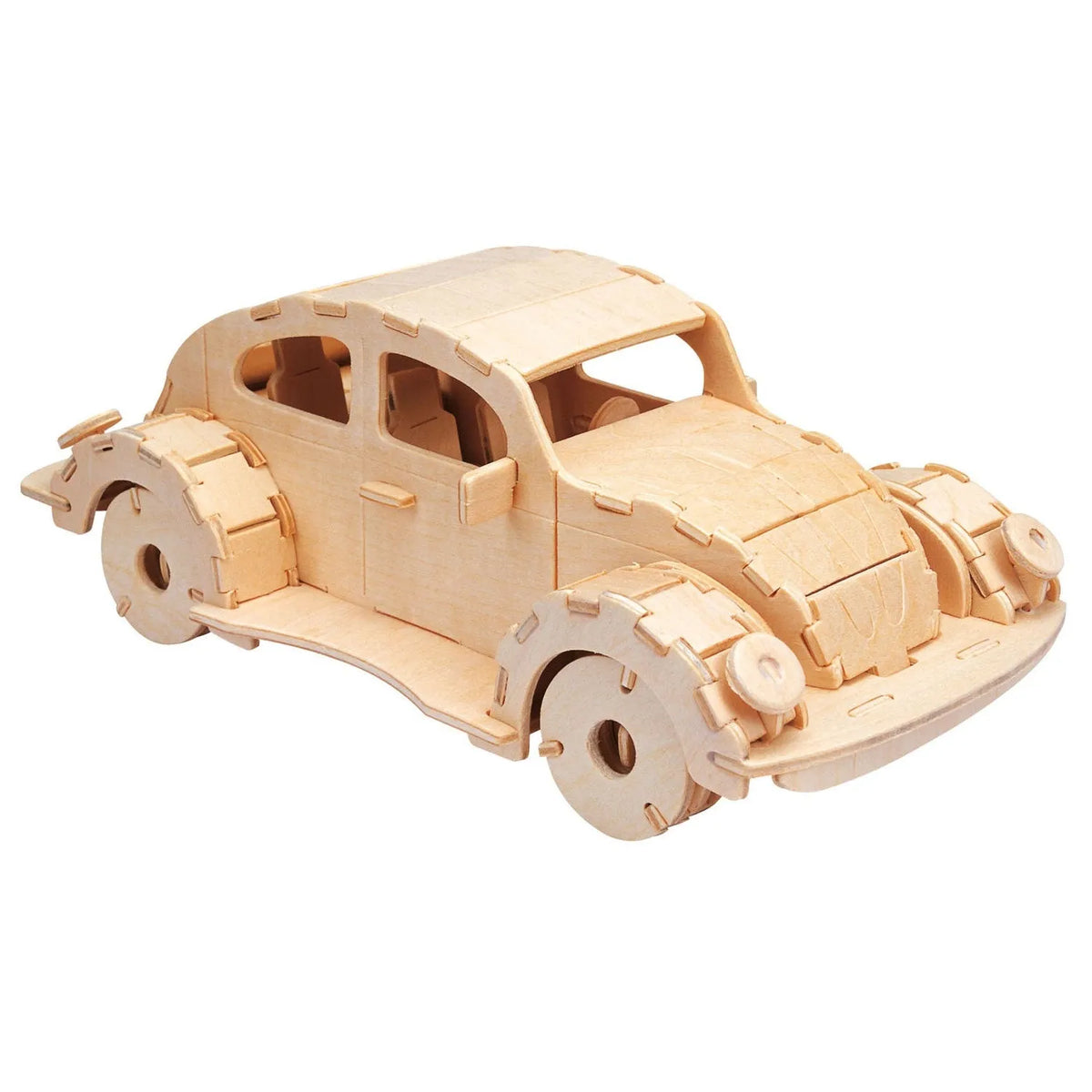 Gepetto's Car koka konstruktors no gaiša saplākšņa ar detalizētu retro automašīnas dizainu un saliekamām detaļām.
