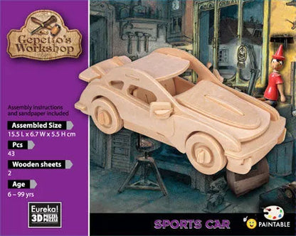 Gepetto's Workshop 3D koka puzle – saliekams sporta auto modelis no 43 detaļām ar dabīgu koka tekstūru.