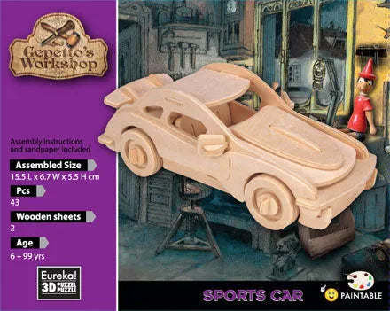 Gepetto's Workshop 3D koka puzle – saliekams sporta auto modelis no 43 detaļām ar dabīgu koka tekstūru.