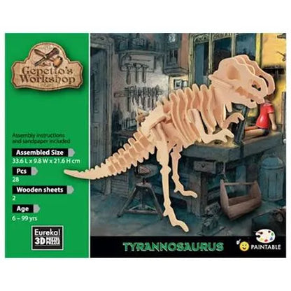 Gepetto's 3D koka puzle: saliekams tiranozaura skelets no 28 detaļām, piemērots krāsošanai un radošai modelēšanai.