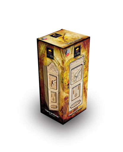 Koka mehāniskā puzle Grandfather Clock Secret Escape Box ar pulksteņa dizainu un noslēpumainu atvilktni dāvanu kastē.