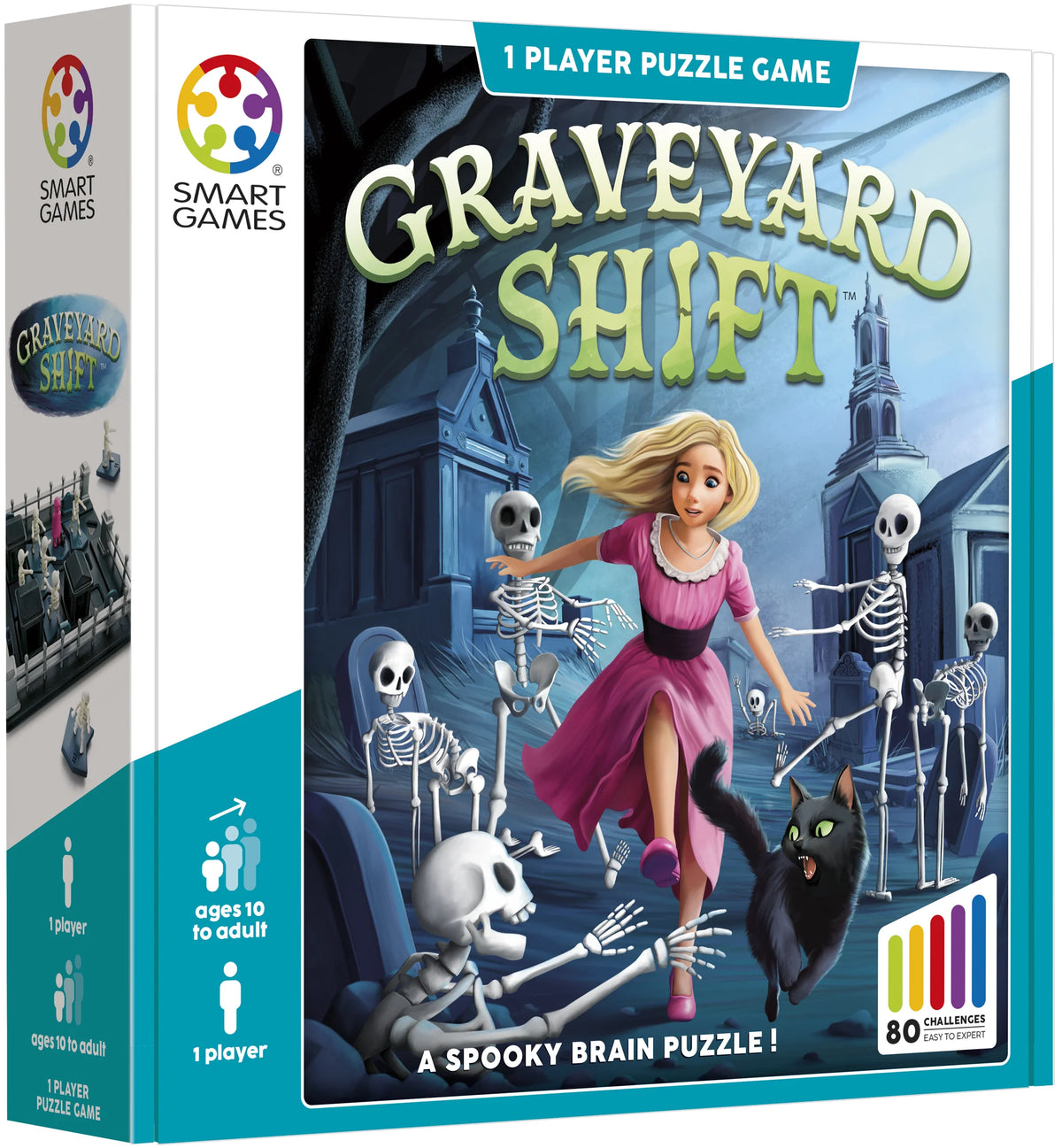 SmartGames loģikas spēle Graveyard Shift ar 80 uzdevumiem, kurā meitene bēg no skeletiem kapos.