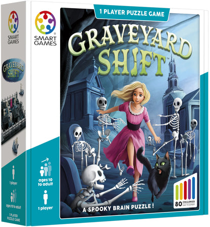 SmartGames loģikas spēle Graveyard Shift ar 80 uzdevumiem, kurā meitene bēg no skeletiem kapos.
