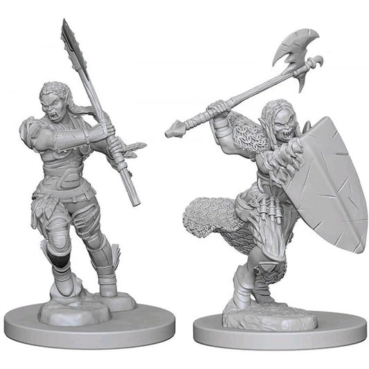 Pelēkas plastmasas puscilvēka barbares miniatūras ar cirvi, šķēpu un vairogu Pathfinder galda spēlei.