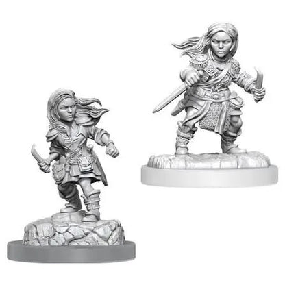 Nekrāsota pelēka plastmasas miniatūra: divas halfling sieviešu zagļu figūriņas ar dunčiem uz akmeņainām pamatnēm.