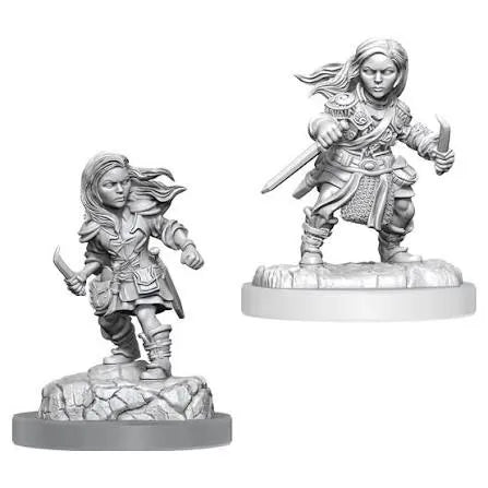 Nekrāsota pelēka plastmasas miniatūra: divas halfling sieviešu zagļu figūriņas ar dunčiem uz akmeņainām pamatnēm.