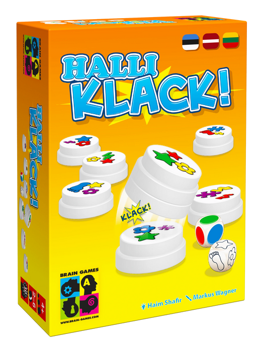 Halli Klack! galda spēles kaste ar krāsainiem žetoniem, kauliņiem un attēlu, kurā redzams žetonu tornītis.