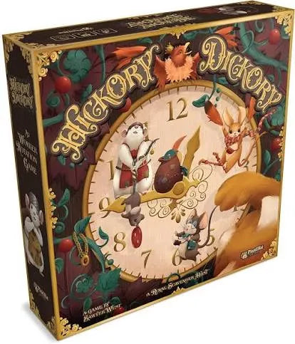 Galda spēles Hickory Dickory kaste ar ilustrētu pulksteņa ciparnīcu, pelēm un krāsainiem meža elementiem.
