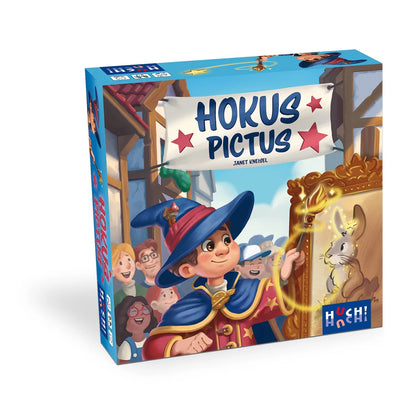 Galda spēles Hokus Pictus kaste ar ilustrāciju, kurā burvja māceklis ar maģisku nūjiņu glezno zaķi uz molberta.