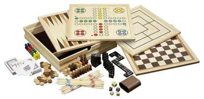 Vidēja izmēra koka spēļu komplekts ar šaha, dambretes, nardu, domino, kāršu un mikado spēļu piederumiem.