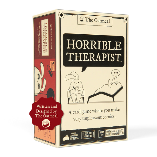 Horrible Therapist kāršu spēle ar The Oatmeal ilustrācijām uz krēmkrāsas kastes, 3-8 spēlētājiem, 17+ vecumam.