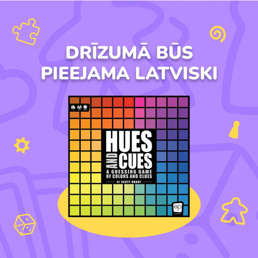 Hues and Cues galda spēle ar krāsainu toņu laukumu uz violeta fona, kas drīzumā būs pieejama latviešu valodā.
