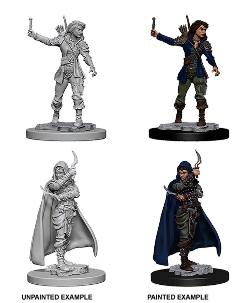Nekrāsotas un krāsotas Pathfinder miniatūras: sieviete zaglis ar dunčiem un apmetni uz apaļas pamatnes.