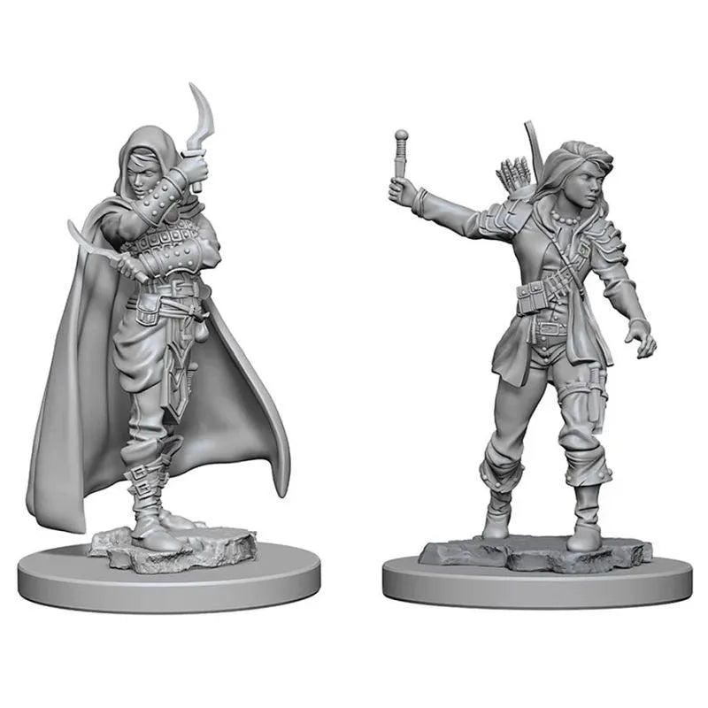Divas pelēkas plastmasas Pathfinder miniatūras: sieviete zaglis ar kapuci un dunci un otra ar loku un bultām.