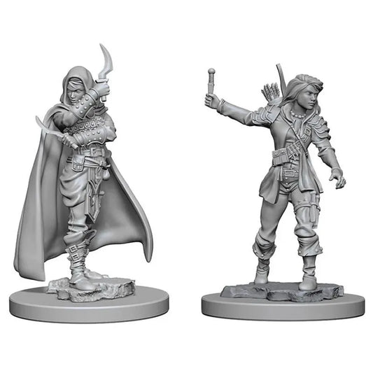 Divas pelēkas plastmasas Pathfinder miniatūras: sieviete zaglis ar kapuci un dunci un otra ar loku un bultām.