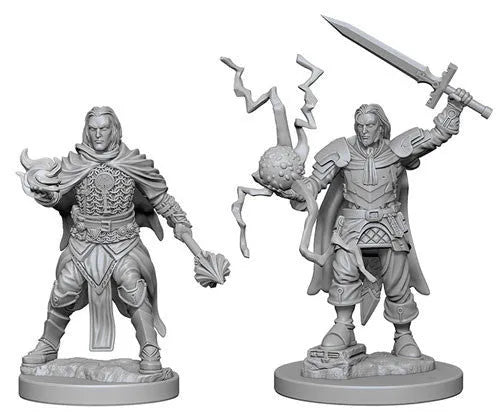 Pelēkas plastmasas vīriešu garīdznieka miniatūras ar zobenu, vāli un maģiskiem efektiem galda spēlei Pathfinder.