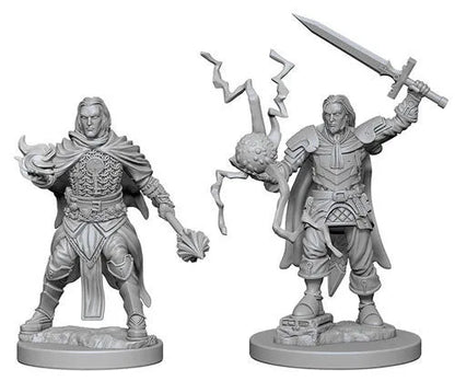 Pelēkas plastmasas vīriešu garīdznieka miniatūras ar zobenu, vāli un maģiskiem efektiem galda spēlei Pathfinder.