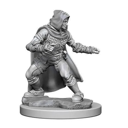 Pelēka Pathfinder miniatūra: vīrietis zaglis ar kapuci, ādas bruņām un apmetni uz akmeņainas pamatnes.