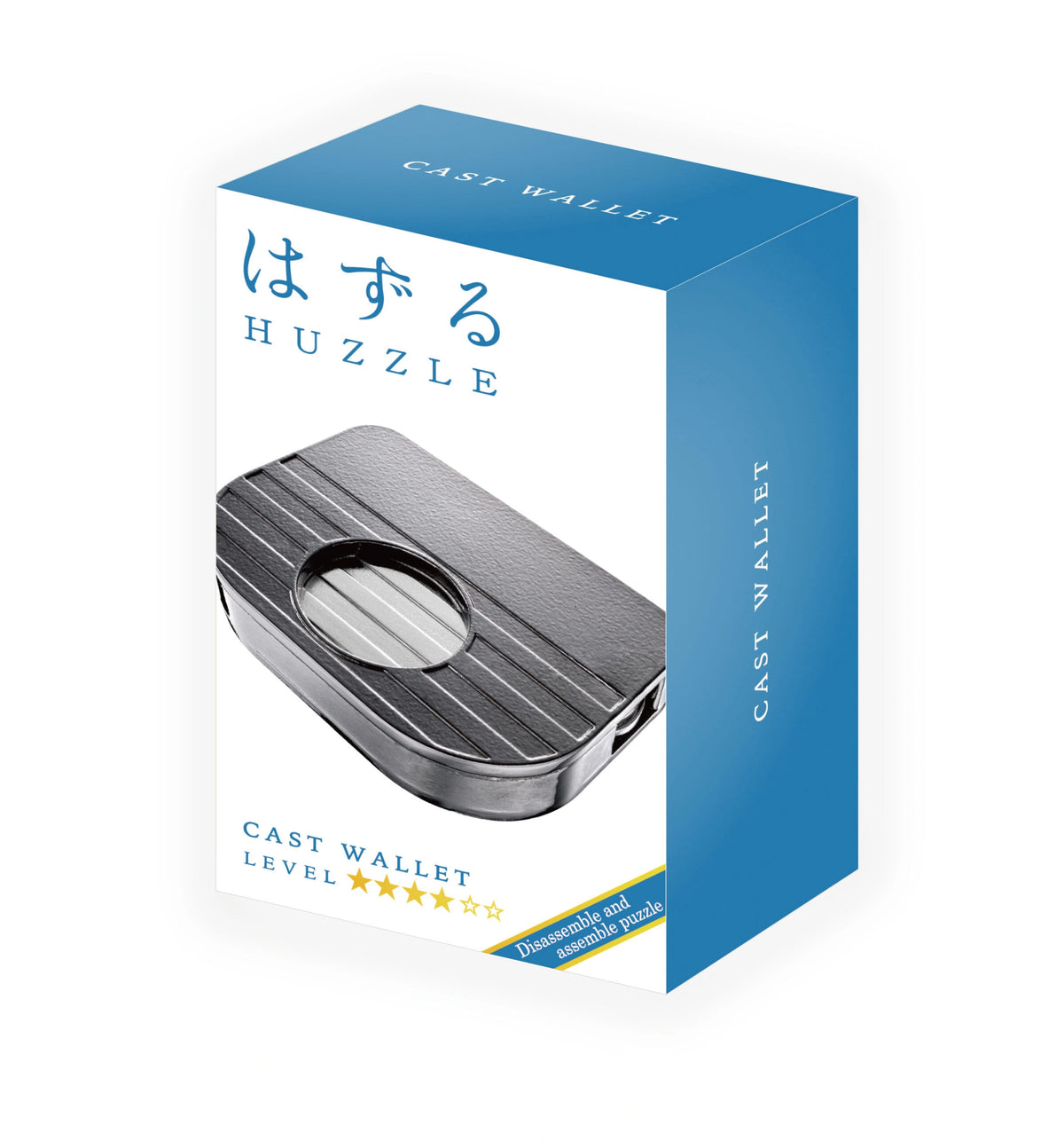 Huzzle Cast Wallet metāla loģikas spēle zilā iepakojumā ar 3 zvaigžņu grūtības pakāpi.