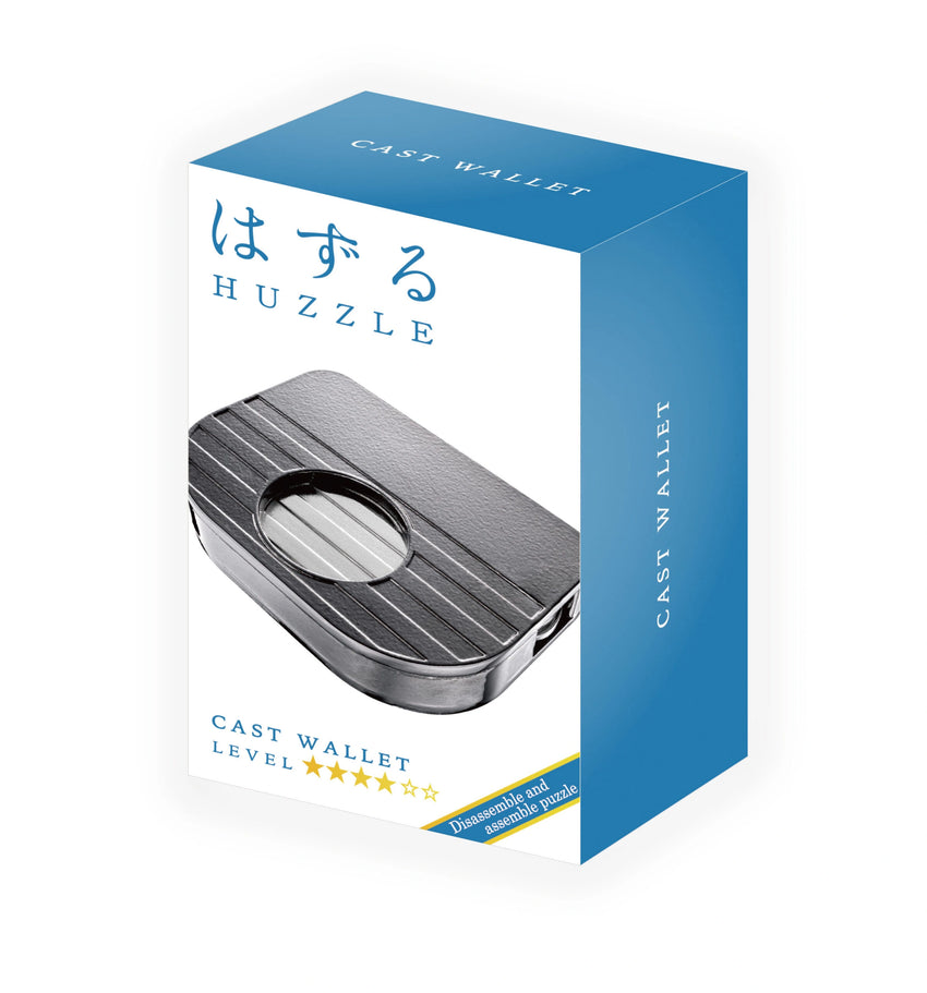 Huzzle Cast Wallet metāla loģikas spēle zilā iepakojumā ar 3 zvaigžņu grūtības pakāpi.