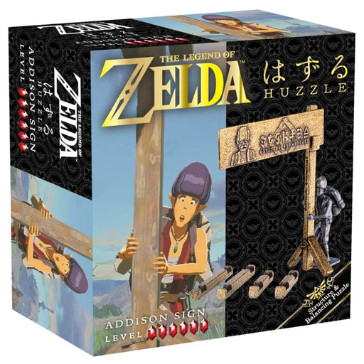 Huzzle Zelda Addison Sign metāla līdzsvara puzle ar 5. grūtības līmeni un detalizētu tēla figūriņu uz iepakojuma.