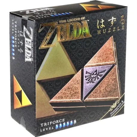 Huzzle Zelda Triforce metāla prāta spēle ar iegravētu simbolu melnā iepakojumā.