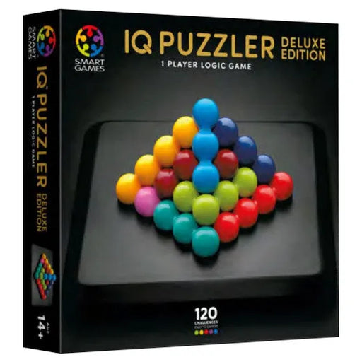 SmartGames IQ Puzzler Deluxe loģikas spēle ar krāsainām 3D lodīšu figūrām uz melnas spēles pamatnes.
