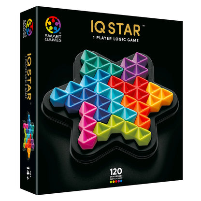 IQ Star loģikas spēle ar krāsainiem ģeometriskiem plastmasas elementiem zvaigznes formas spēles laukumā.