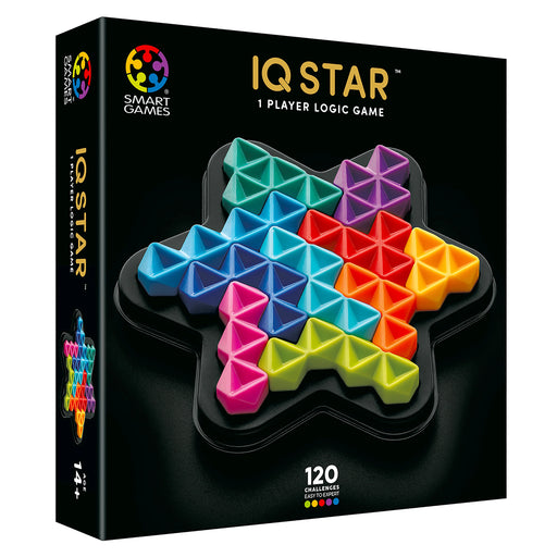IQ Star loģikas spēle ar krāsainiem ģeometriskiem plastmasas elementiem zvaigznes formas spēles laukumā.