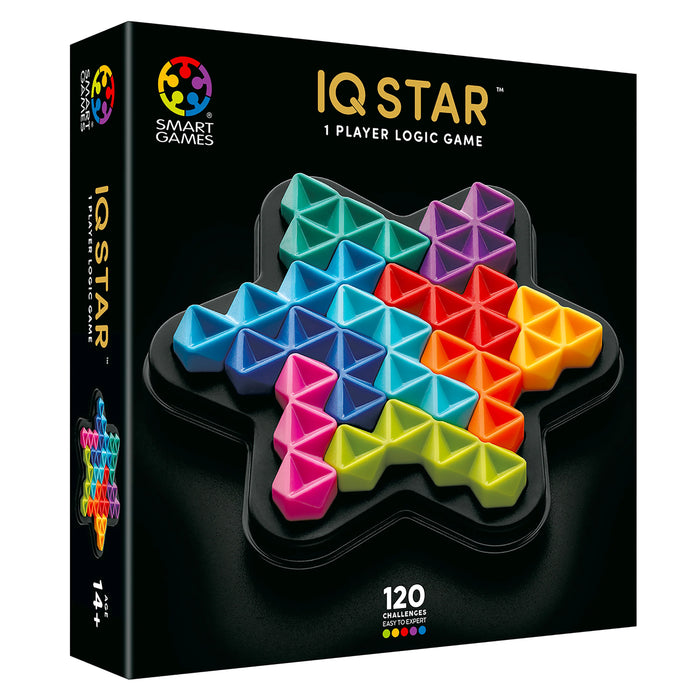 IQ Star loģikas spēle ar krāsainiem ģeometriskiem plastmasas elementiem zvaigznes formas spēles laukumā.
