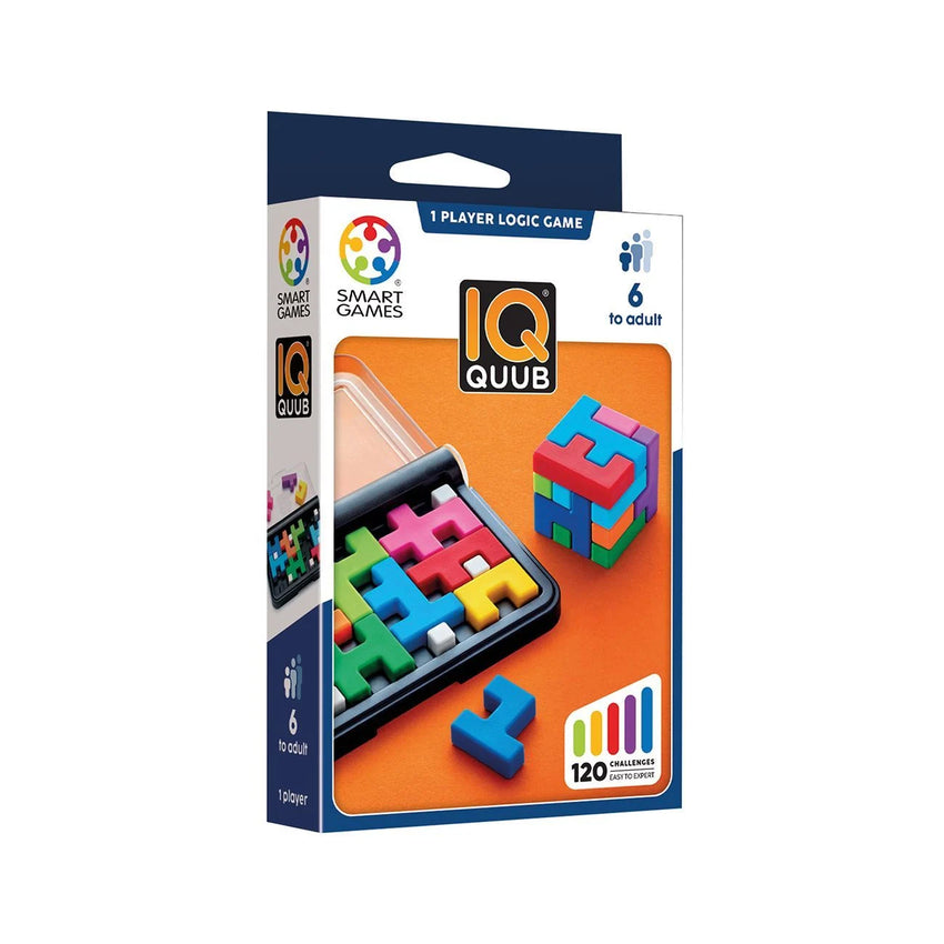Smart Games IQ Quub loģikas spēle ar krāsainiem 3D puzles elementiem un 120 izaicinājumiem kompaktā iepakojumā.