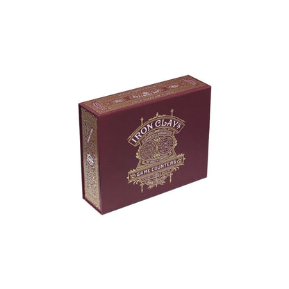 Bordo krāsas Iron Clays 200 galda spēļu žetonu komplekta kaste ar elegantu zeltītu apdruku un vintage dizainu.