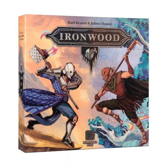 Galda spēles Ironwood kaste ar ilustrētu bruņinieka un meža būtnes cīņu uz krāsaina fona.