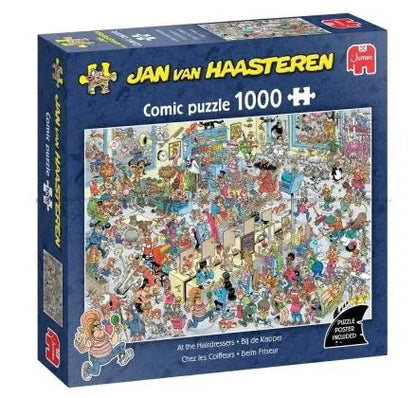Jan van Haasteren 1000 gabaliņu kartona puzle ar krāsainu, detalizētu frizētavas ainas komiksu ilustrāciju.