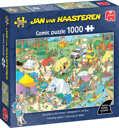 Jan van Haasteren 1000 gabaliņu puzle ar krāsainu, detalizētu kempinga ainu mežā un komisku zīmējumu stilu.