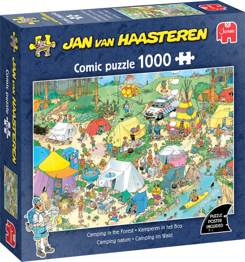Jan van Haasteren 1000 gabaliņu puzle ar krāsainu, detalizētu kempinga ainu mežā un komisku zīmējumu stilu.