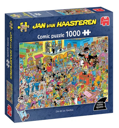 Jan van Haasteren 1000 gabaliņu puzle ar krāsainu Dia de los Muertos komiksu ilustrāciju kartona kastē.