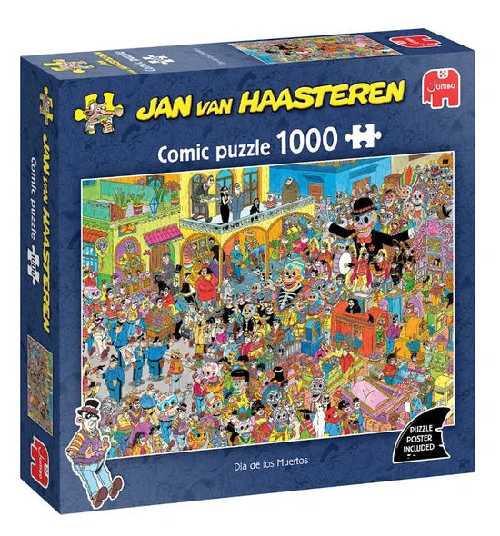 Jan van Haasteren 1000 gabaliņu puzle ar krāsainu Dia de los Muertos komiksu ilustrāciju kartona kastē.