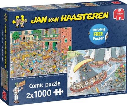 Jan van Haasteren 2x1000 gabalu puzle ar krāsainām siera tirgus un burāšanas sacensību komiksu ilustrācijām.