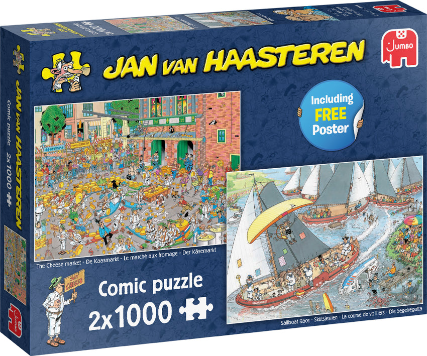 Jan van Haasteren 2x1000 gabalu puzle ar krāsainām siera tirgus un burāšanas sacensību komiksu ilustrācijām.