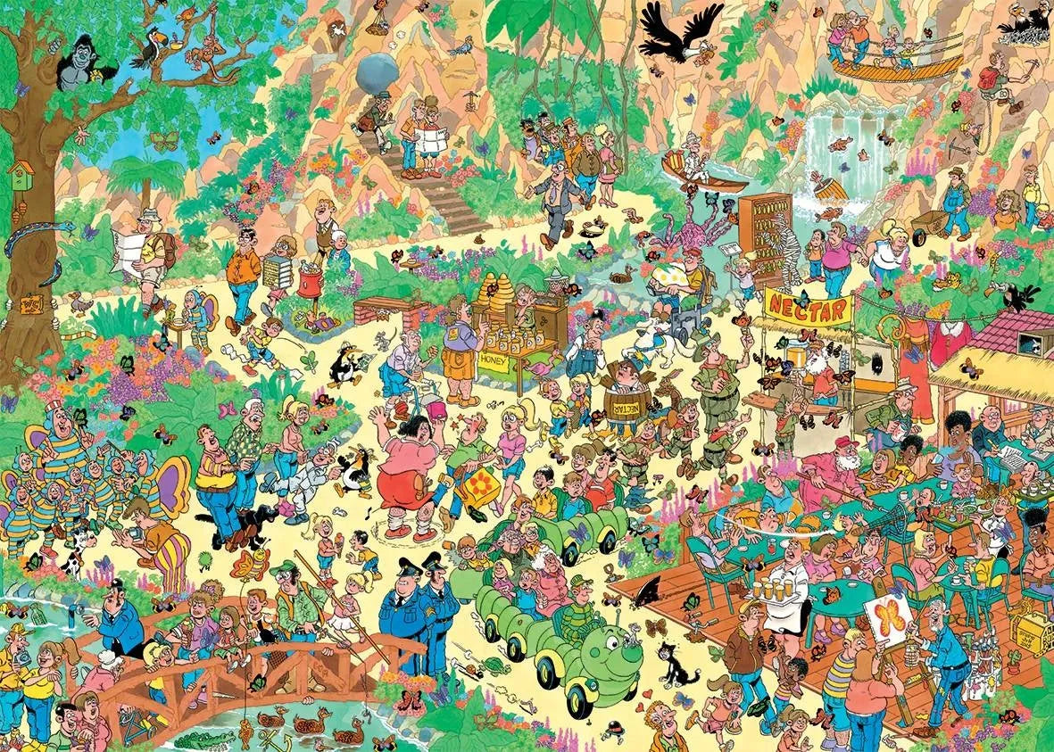 Jan van Haasteren 1000 gabalu puzle ar krāsainu un detalizētu tauriņu dārza ilustrāciju un humoristiskiem tēliem.