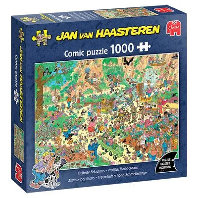 Jan van Haasteren 1000 gabaliņu krāsaina komiksu stila puzle ar detalizētu un jautru ilustrāciju kartona kastē.