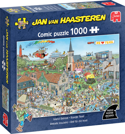 Jumbo Jan van Haasteren 1000 gabaliņu puzle ar krāsainu, detalizētu komiksu stila ilustrāciju par atpūtu uz salas.