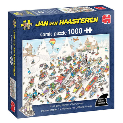 Jan van Haasteren 1000 gabaliņu kartona puzle ar krāsainu, komisku ziemas kalnu un ragaviņu ainu.