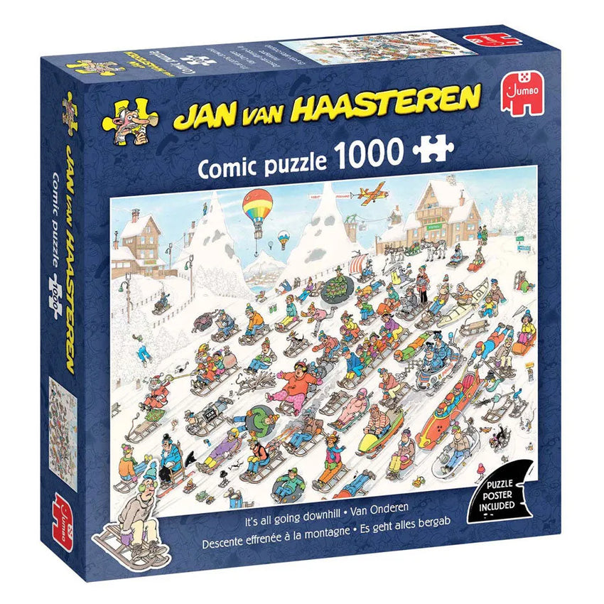 Jan van Haasteren 1000 gabaliņu kartona puzle ar krāsainu, komisku ziemas kalnu un ragaviņu ainu.